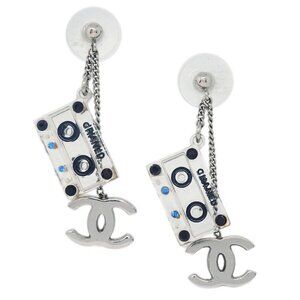 Chanel Cassette Tape Piercing Earrings Rhinestone Silver 134442